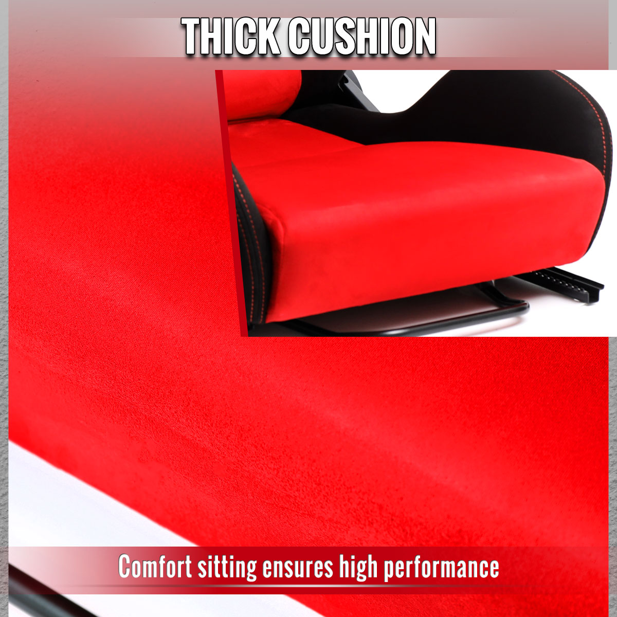 RACING SEAT - BRIGHT RED SUEDE FRONT BLACK SUEDE IN BLACK WITH DOUBLE RED STITCH