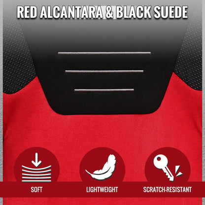 RACING SEAT - BRIGHT RED SUEDE FRONT BLACK SUEDE IN BLACK WITH DOUBLE RED STITCH