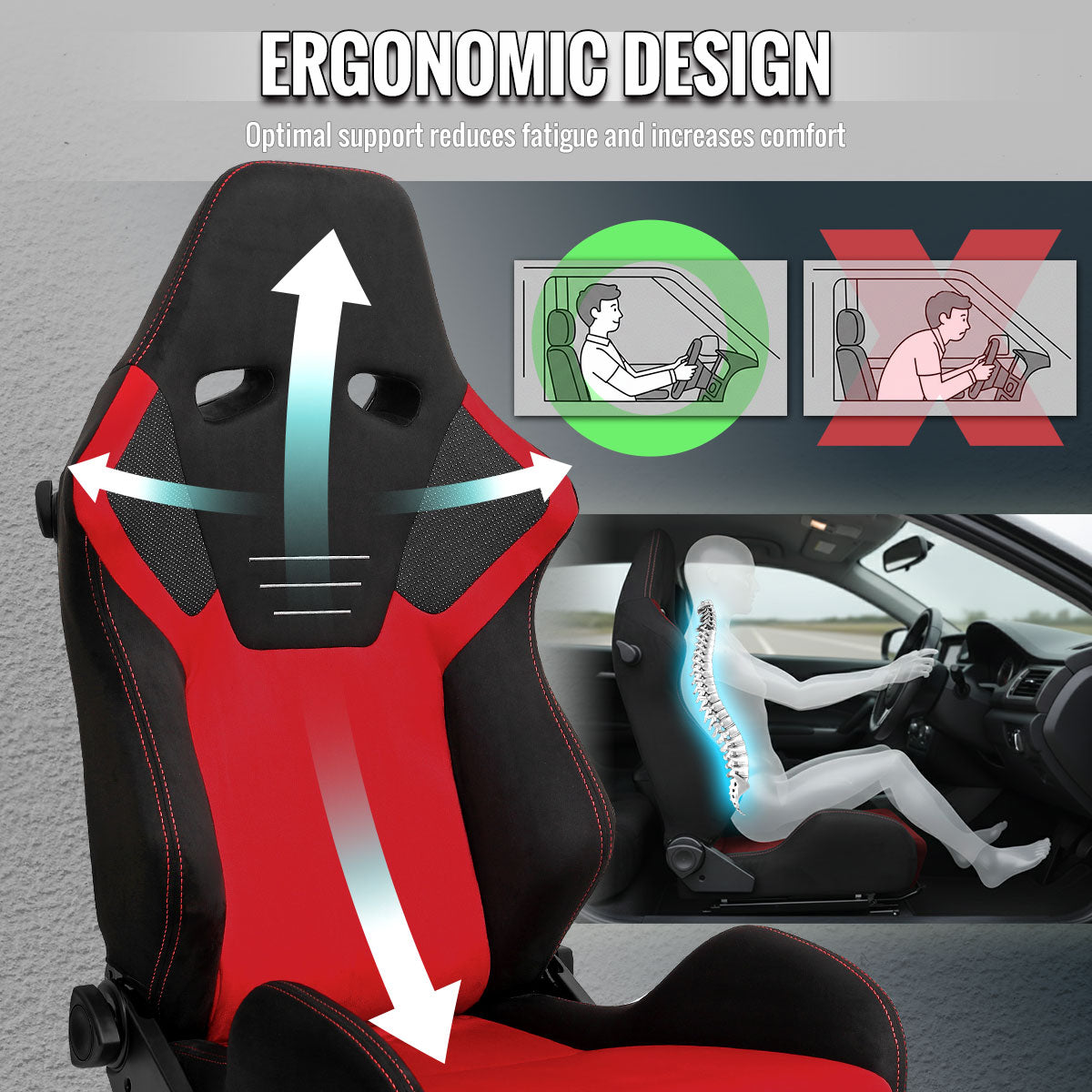 RACING SEAT - BRIGHT RED SUEDE FRONT BLACK SUEDE IN BLACK WITH DOUBLE RED STITCH