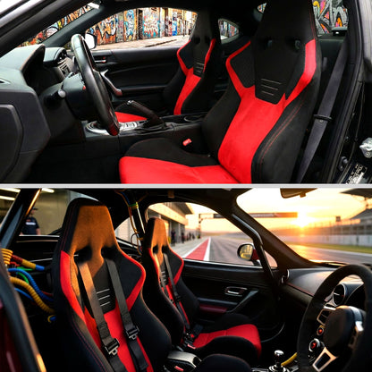 RACING SEAT - BRIGHT RED SUEDE FRONT BLACK SUEDE IN BLACK WITH DOUBLE RED STITCH