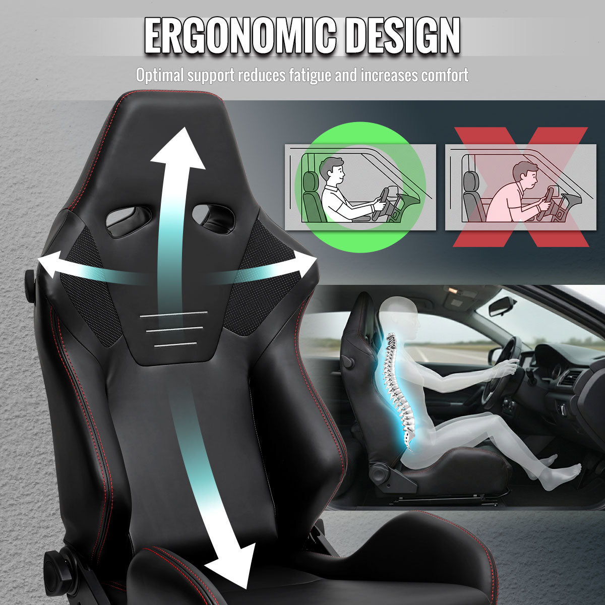 RACING SEAT - BLACK PU NAPPA WITH DOUBLE RED STITCH