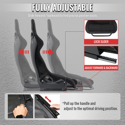 BUCKET RACING SEAT - FIBER GLASS BLACK SUEDE DOUBLE SILVER STITCH