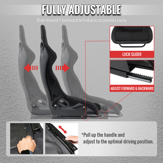 BUCKET RACING SEAT - FIBER GLASS BLACK SUEDE DOUBLE SILVER STITCH