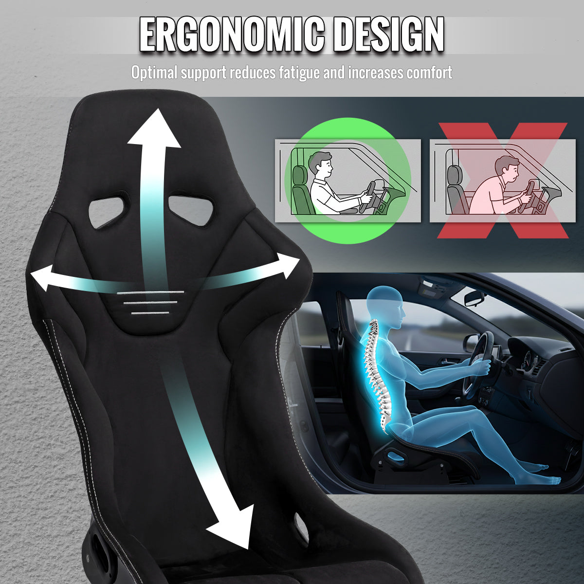 BUCKET RACING SEAT - FIBER GLASS BLACK SUEDE DOUBLE SILVER STITCH