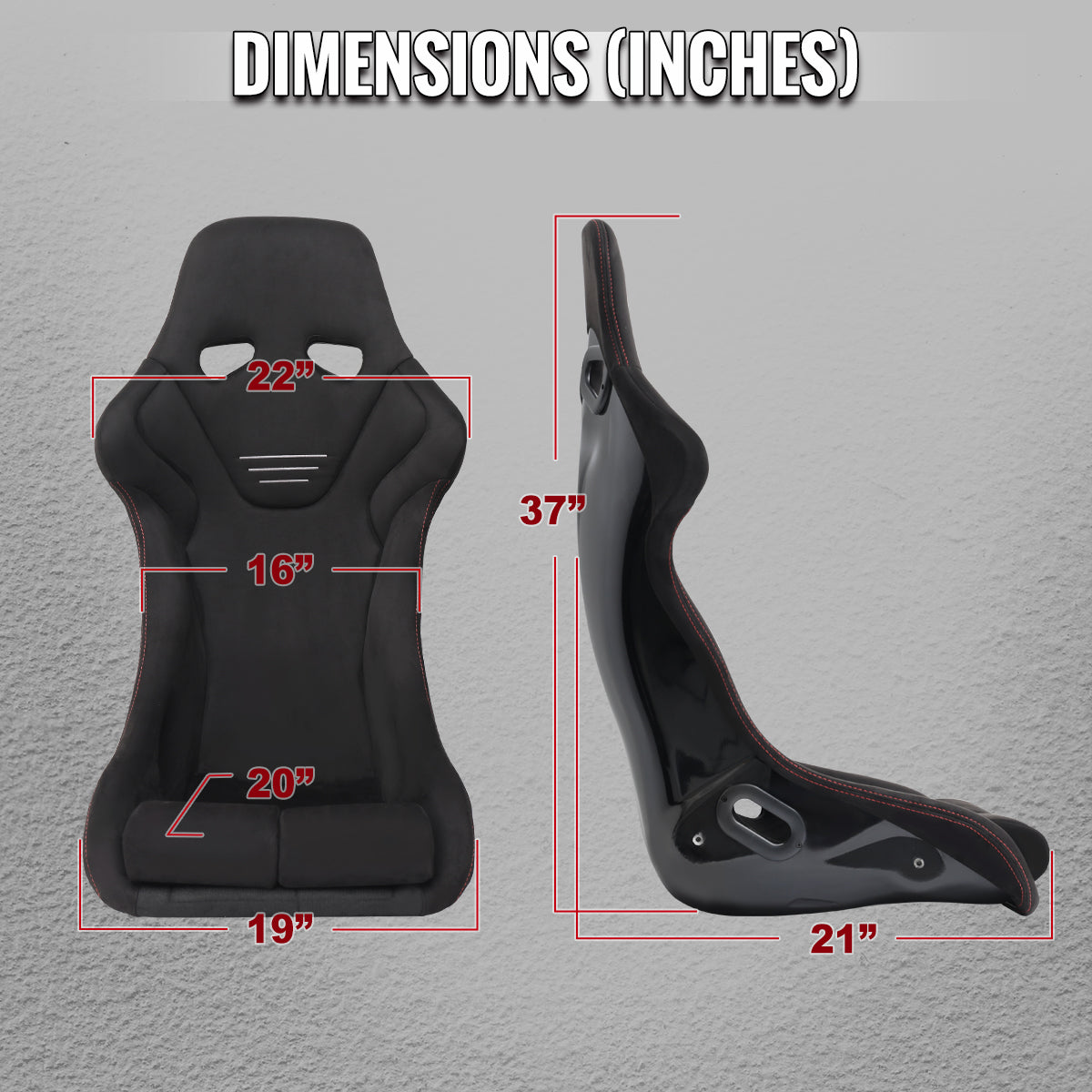 BUCKET RACING SEAT - FIBER GLASS BLACK SUEDE DOUBLE RED STITCH