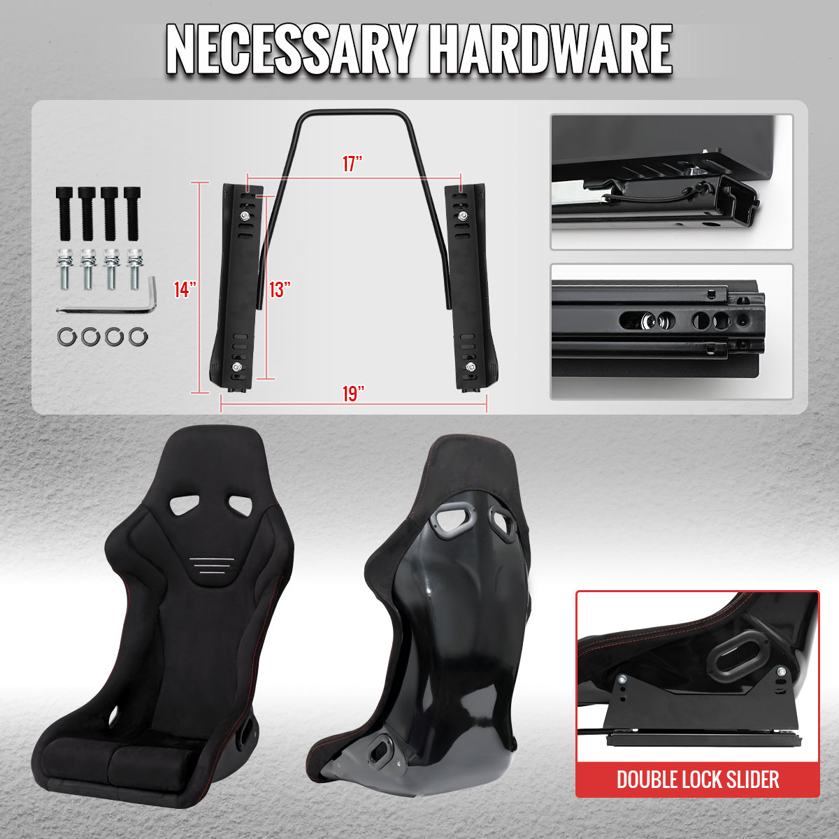 BUCKET RACING SEAT - FIBER GLASS BLACK SUEDE DOUBLE RED STITCH