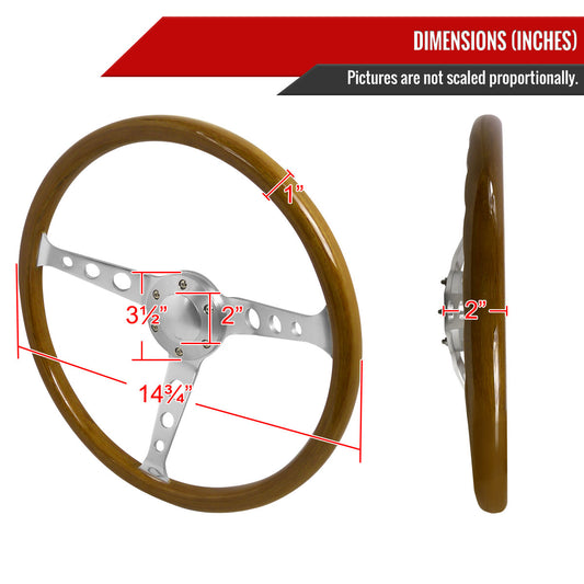 370mm Wood Grain Style 2" Deep Dish Aluminum 3-Spoke Wooden/Plastic Steering Wheel