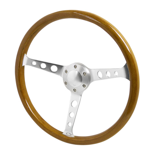 370mm Wood Grain Style 2" Deep Dish Aluminum 3-Spoke Wooden/Plastic Steering Wheel