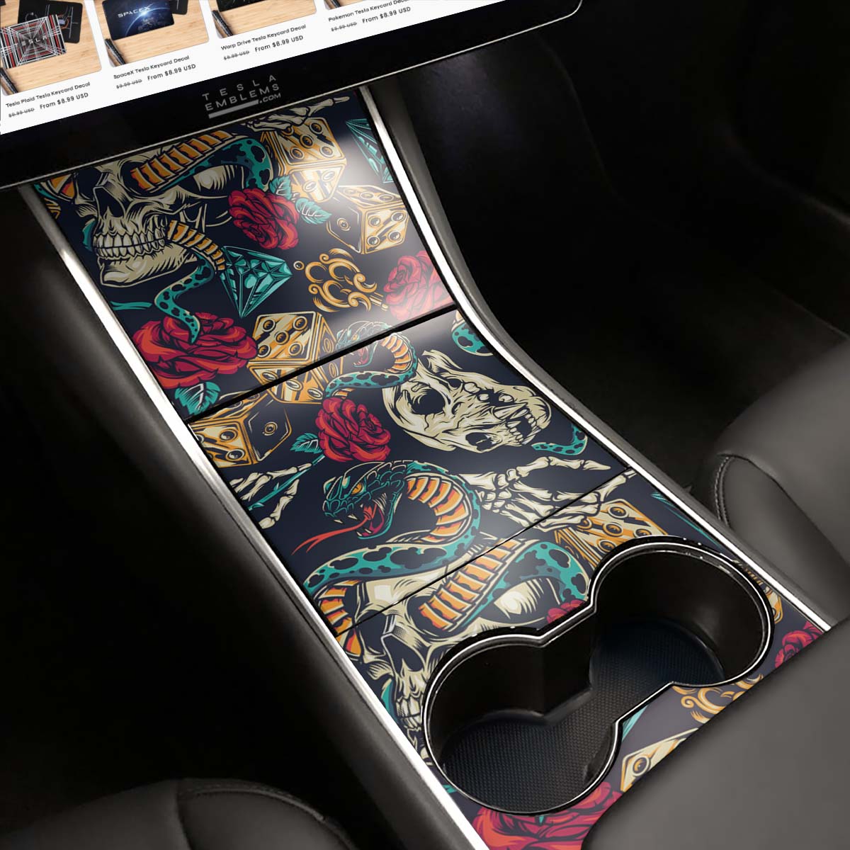 Skull & Rose Tattoo Art | Tesla Center Console Wrap Kit | Model Y ’19-20