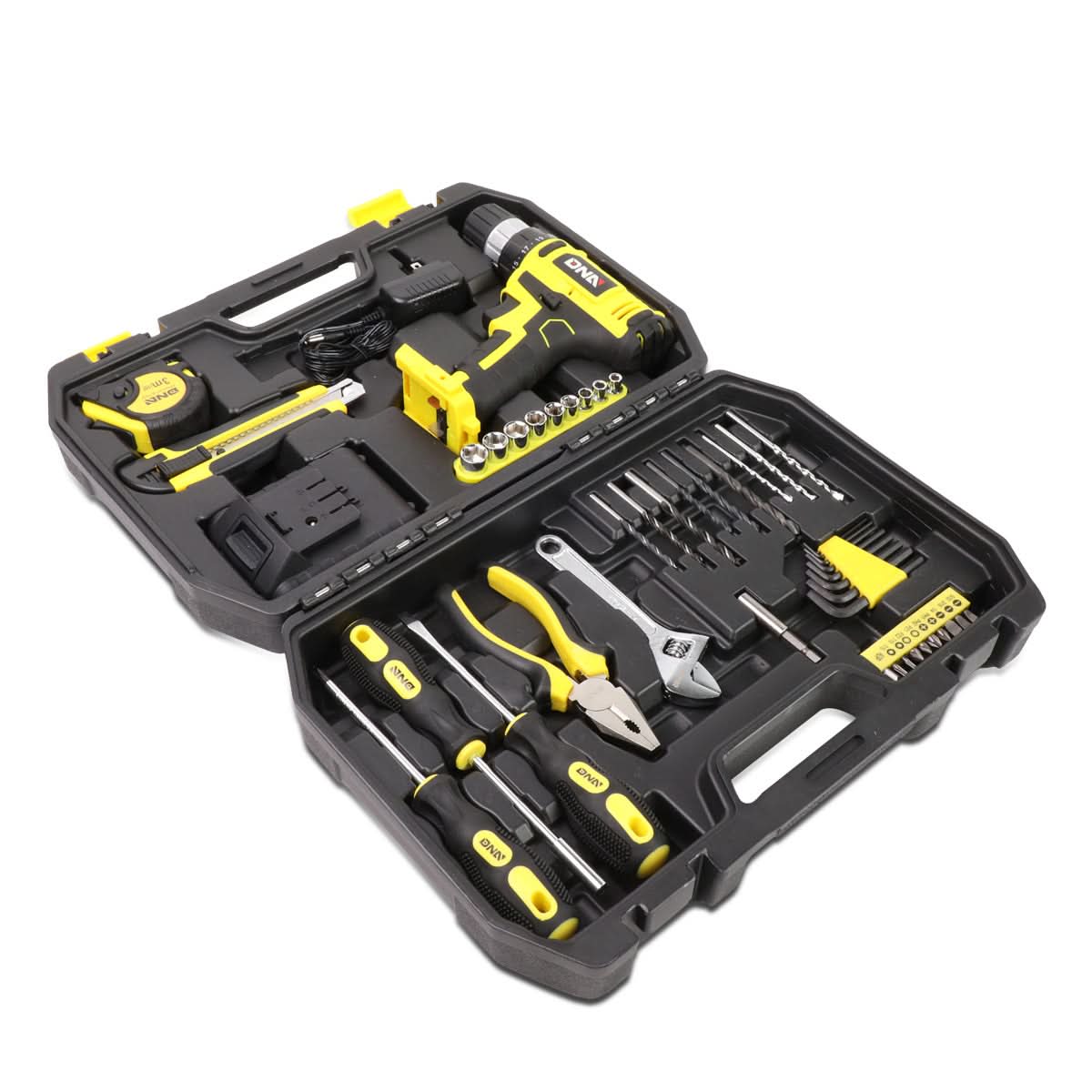 46-Piece Tool Set with Cordless Drill - Black/Yellow