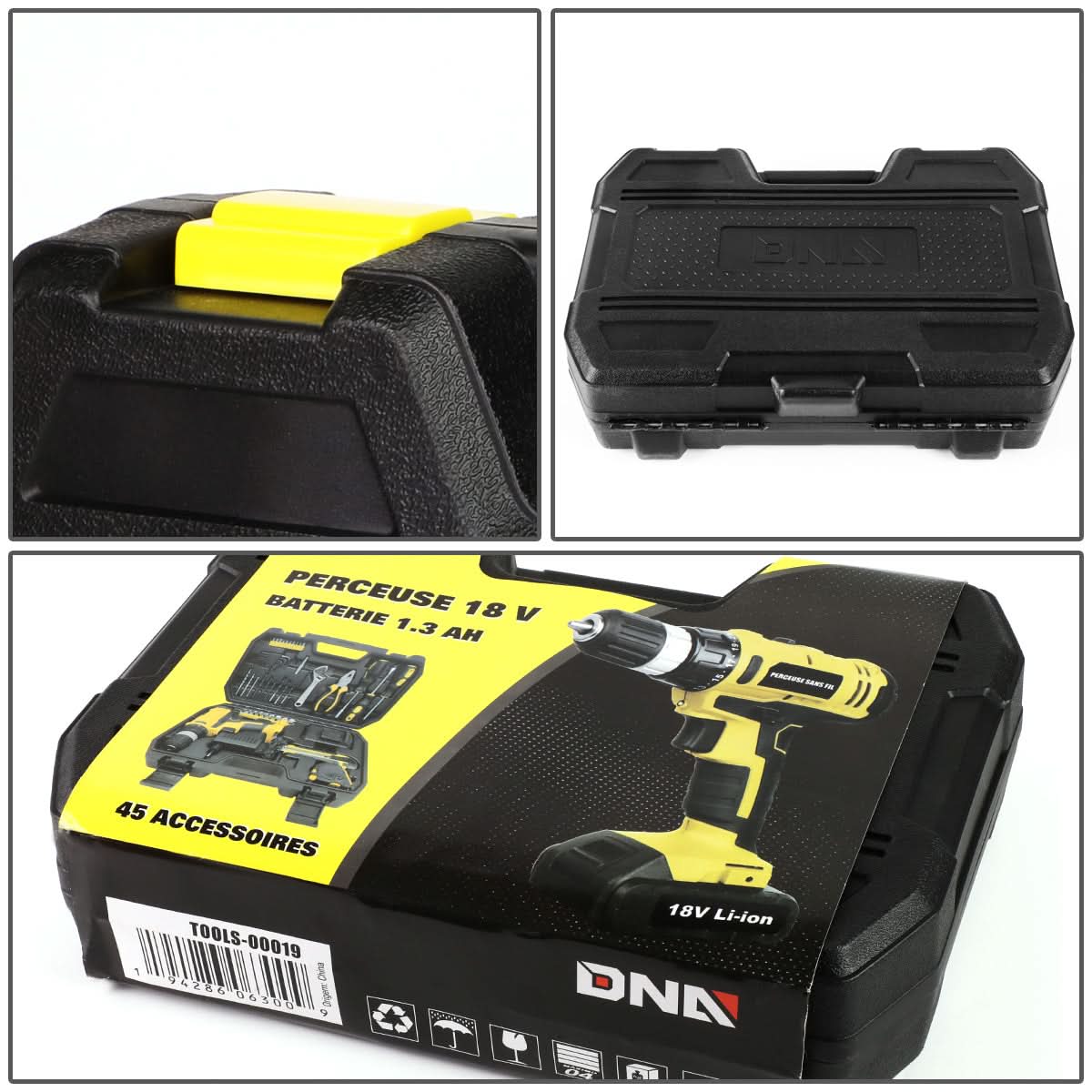 46-Piece Tool Set with Cordless Drill - Black/Yellow