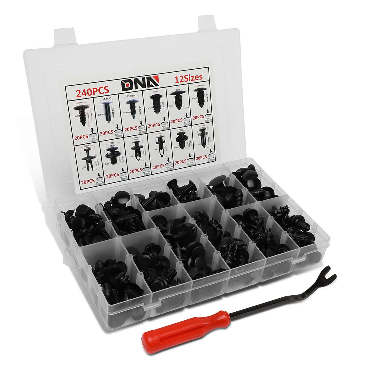 240pc Plastic Clips Kit w/ Removal Tool - 12 Sizes Black
