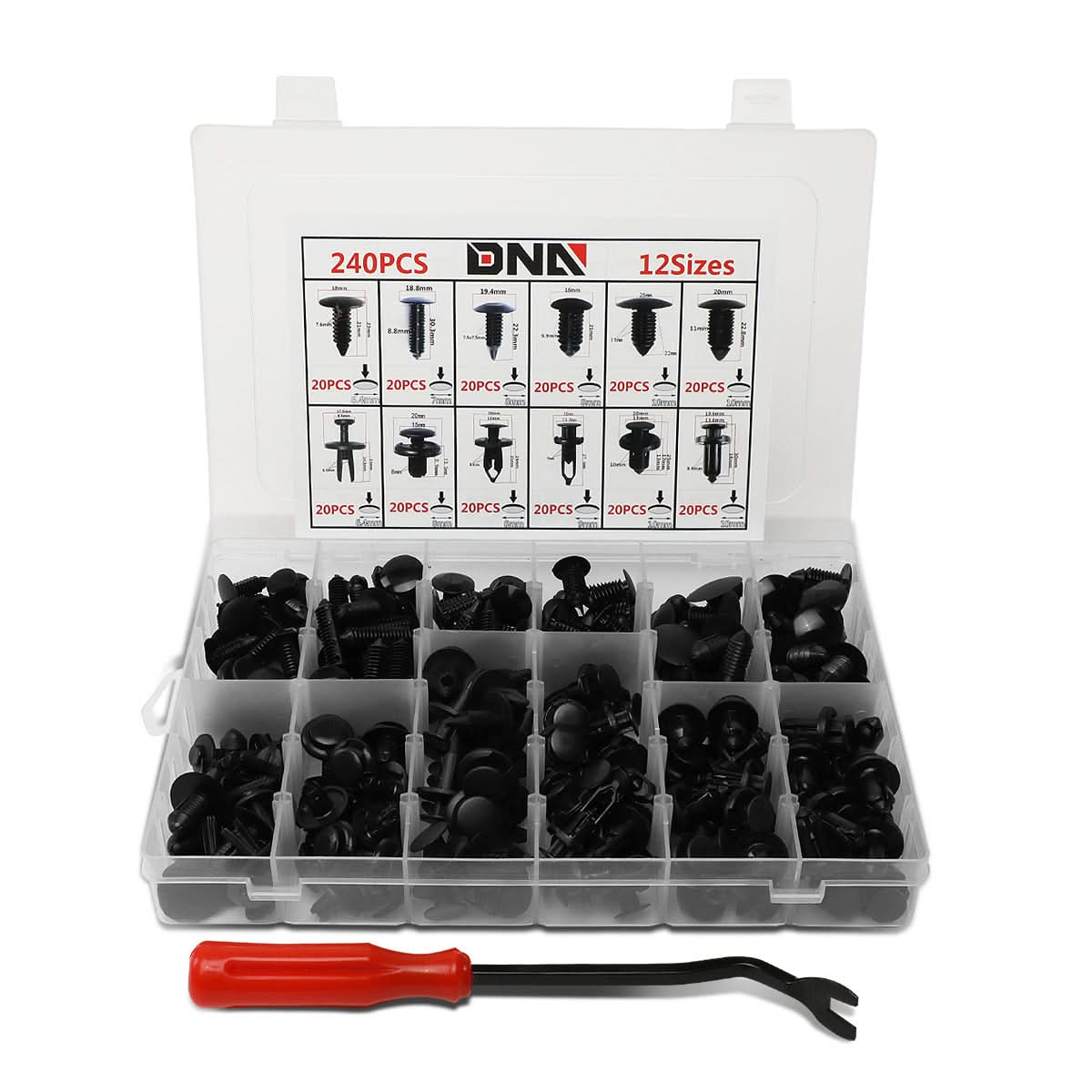 240pc Plastic Clips Kit w/ Removal Tool - 12 Sizes Black