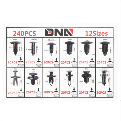 240pc Plastic Clips Kit w/ Removal Tool - 12 Sizes Black