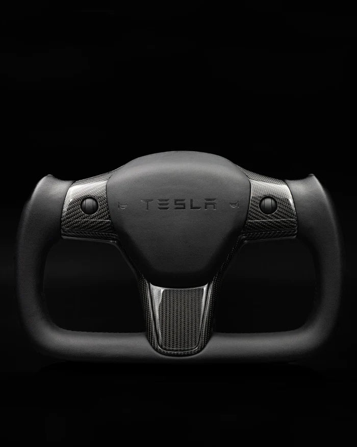Sixth Element TESLA MODEL Y / MODEL 3 BLACK LEATHER DRY CARBON PLAID STYLE YOKE STEERING WHEEL