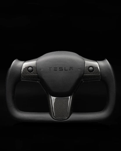 Sixth Element TESLA MODEL Y / MODEL 3 BLACK LEATHER DRY CARBON PLAID STYLE YOKE STEERING WHEEL