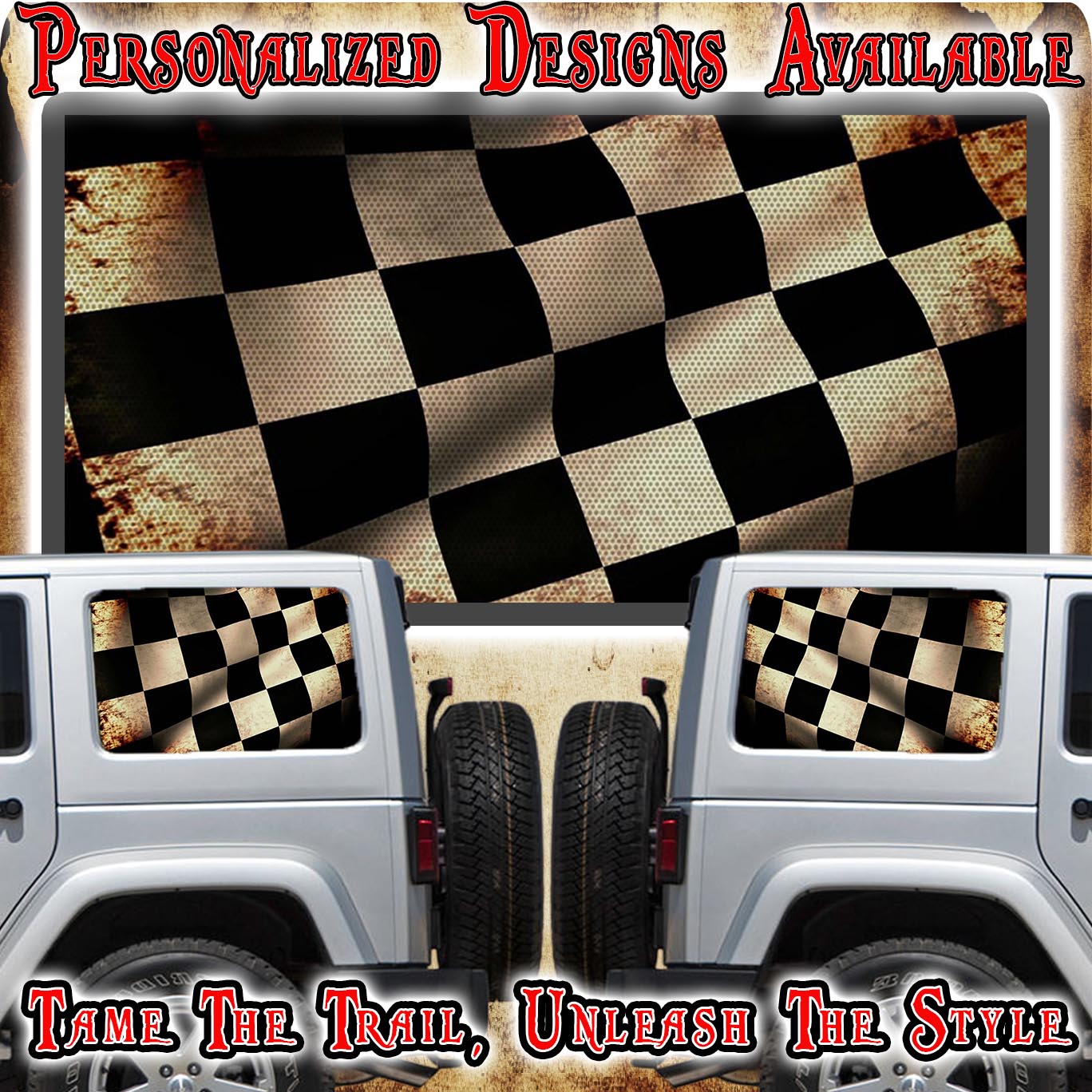 Black and bronze race flag Rear quarter window see through graphic ...
