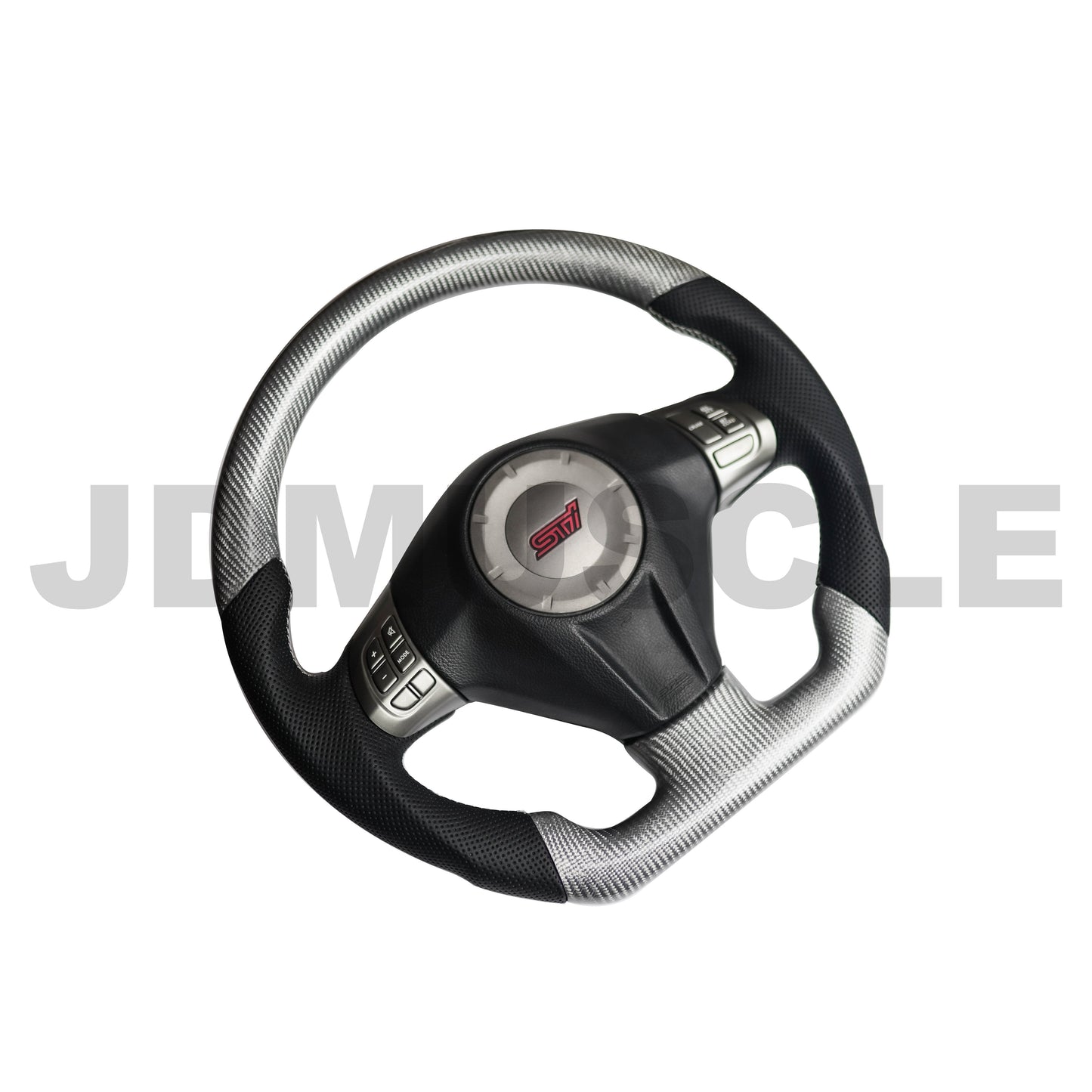 JDMuscle Custom Carbon Fiber Steering Wheel for 2008-2014 WRX/STI *| OPEN BOX *Silver CF w/ Black Perf. Leather & white stiching