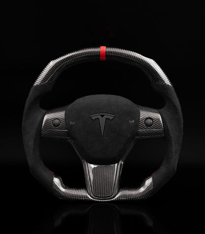 Sixth Element TESLA MODEL Y / MODEL 3 ALCANTARA FLAT BOTTOM SUPERNOVA GLOSS CARBON STEERING WHEEL
