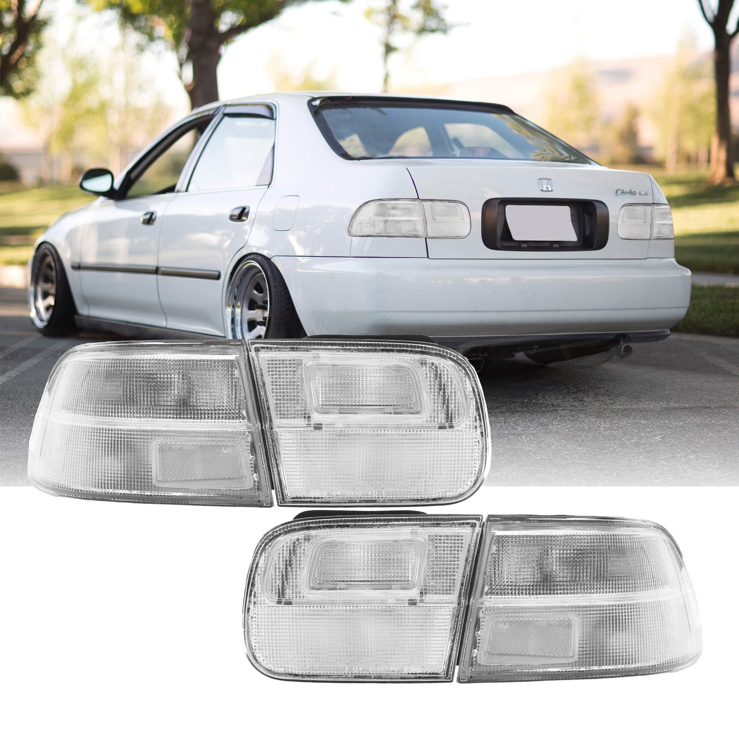 1992-1995 Honda Civic 2D Coupe / 4D Sedan JDM EG Style All Clear 3PC Tail Lights - Made by Unique Style Racing