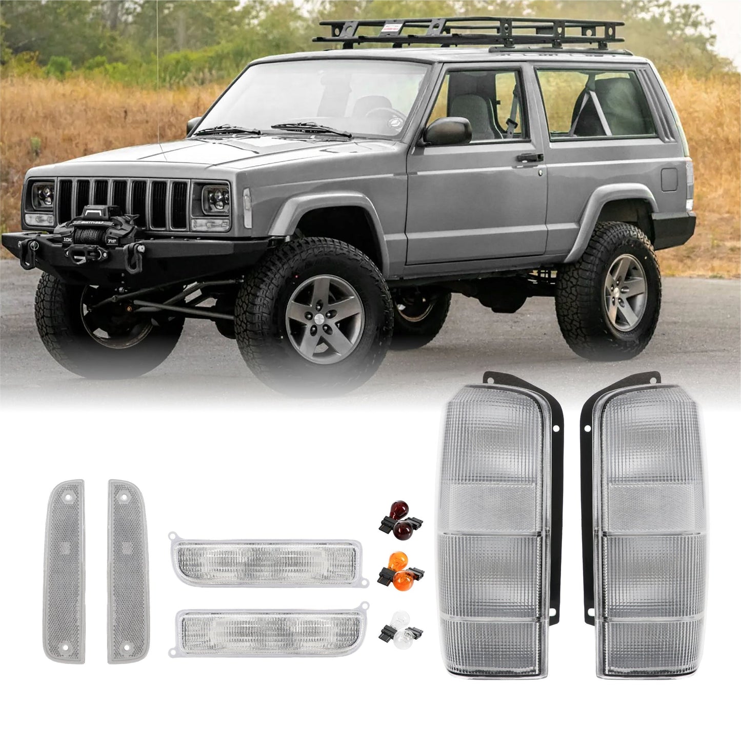 1997-2001 Jeep Cherokee XJ All Clear Tail Lights + Bumper Lights + Corner Lights 6PC COMBO - Made by DEPO