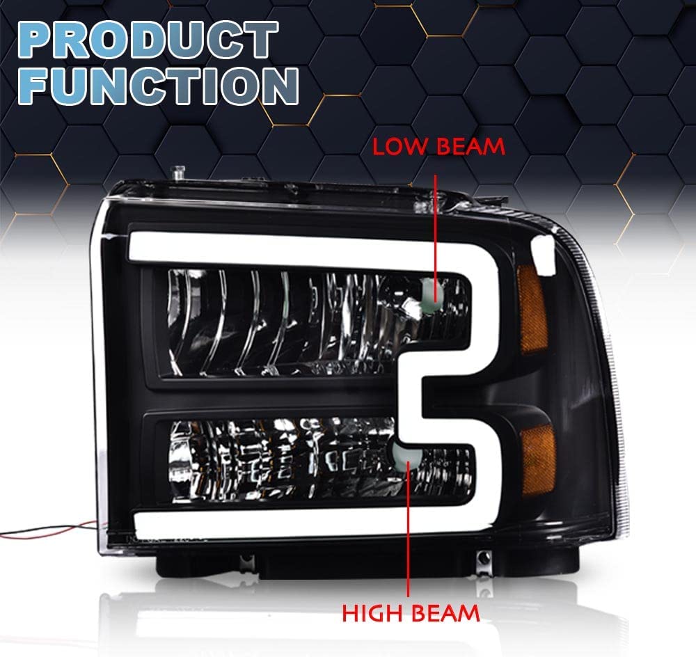 Sequential LED DRL Headlight Assembly For 2005-07 Ford Super Duty F250-F550 – Chrome Housing, Pair