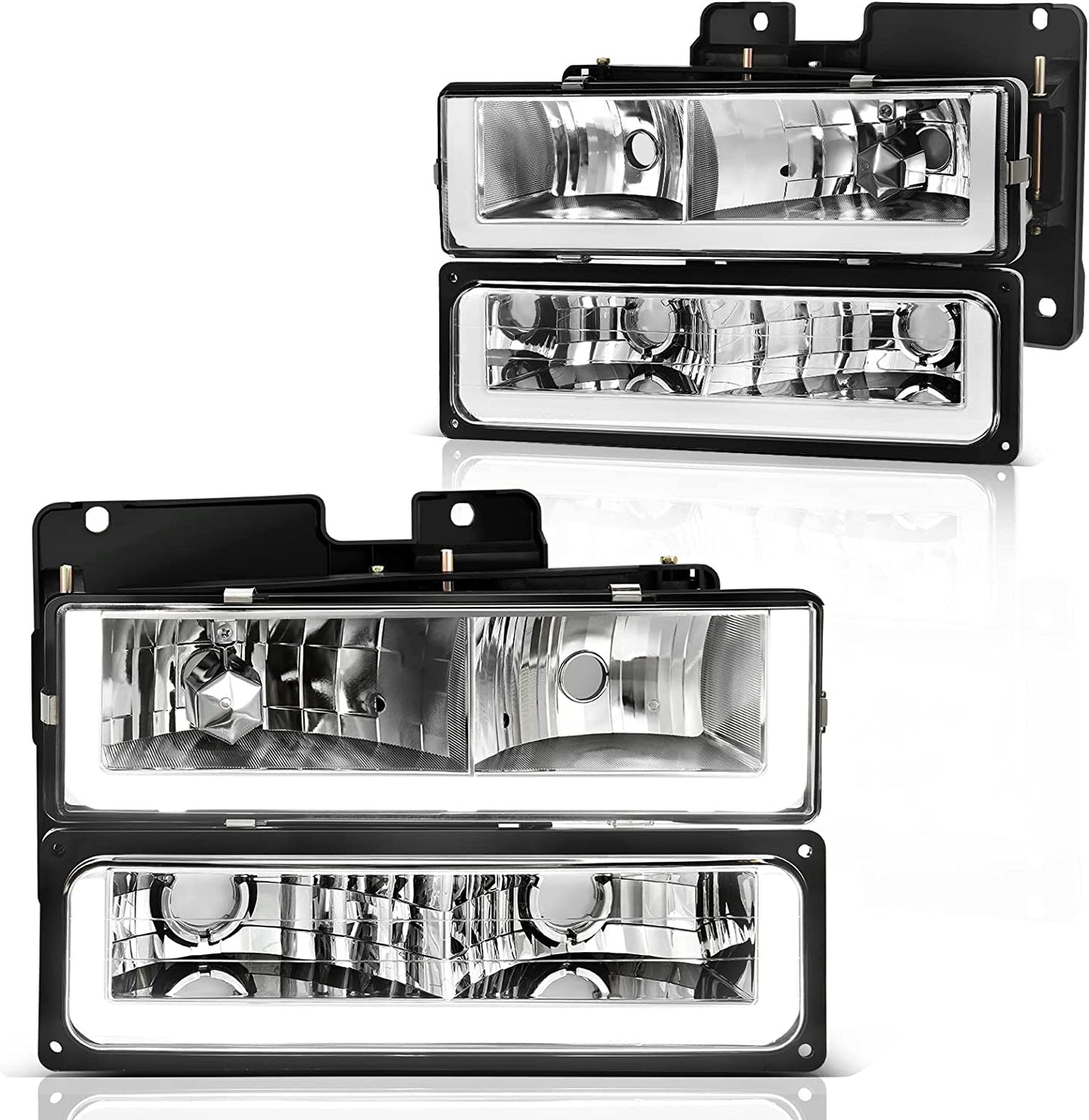 DWVO Headlight Assembly Compatible with 1994-1999 Chevy C/K Series 1500, 2500, 3500/Tahoe/Suburban/Silverado, w/Corner and Bumper Lights, Black Housing