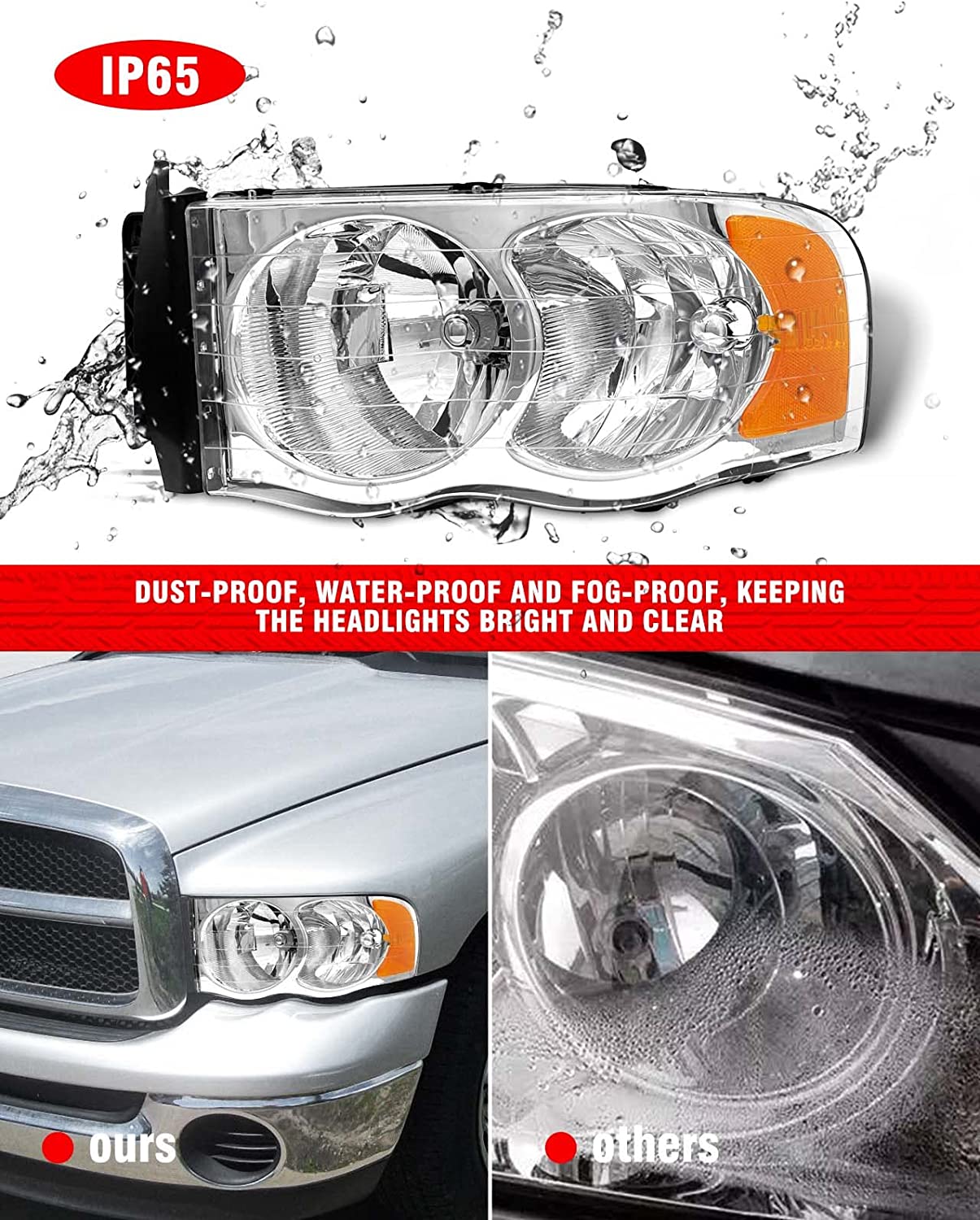 ADCARLIGHTS 2002-2005 Dodge Ram Headlight Assembly for Dodge Ram 1500 / Ram 2500 3500 2003-2005 Ram 2500 3500 Clear Chrome Lens with Amber Reflector Replacement Left & Right