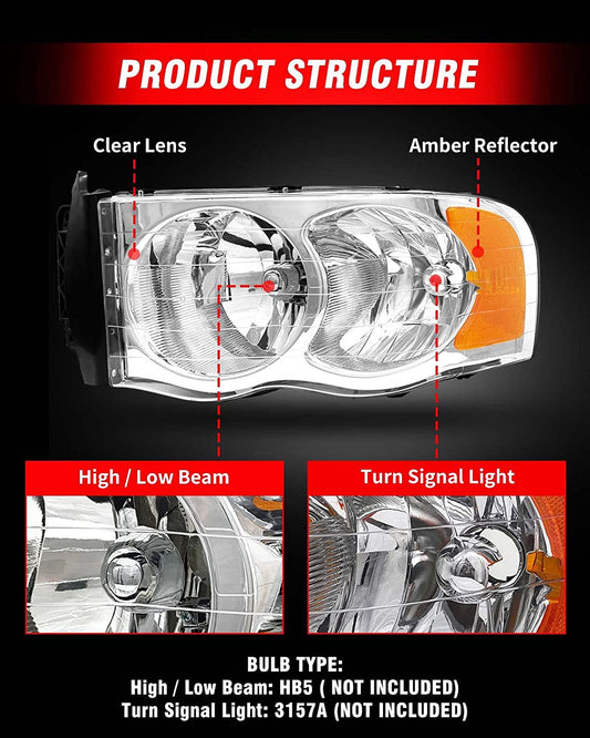 ADCARLIGHTS 2002-2005 Dodge Ram Headlight Assembly for Dodge Ram 1500 / Ram 2500 3500 2003-2005 Ram 2500 3500 Clear Chrome Lens with Amber Reflector Replacement Left & Right