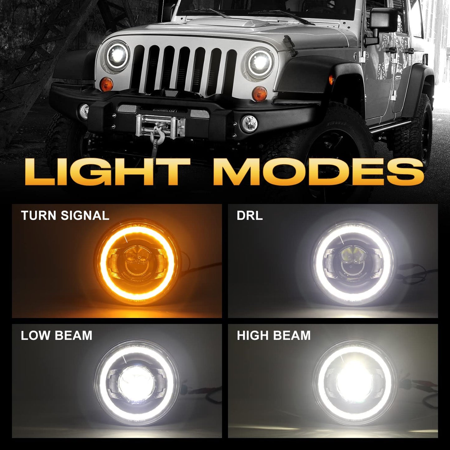 LX-LIGHT DOT Super Bright 7 Inch Projection LED Headlights with Halo DRL/Turn Signal Compatible with Jeep Wrangler TJ JK JKU JL Hummer H1 H2 Defender 90 110, Black