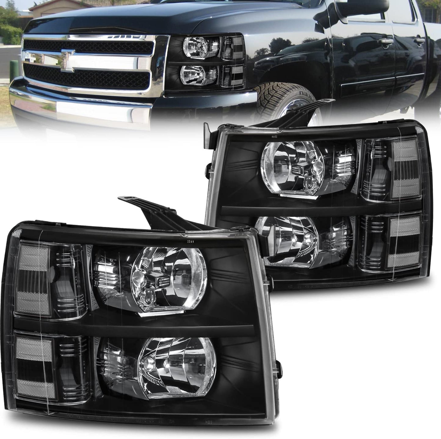 MOSTPLUS Headlight Assembly Compatible with Chevy Chevrolet Silverado 1500 2500 3500 with Black Housing, Clear Lens, Amber Reflector