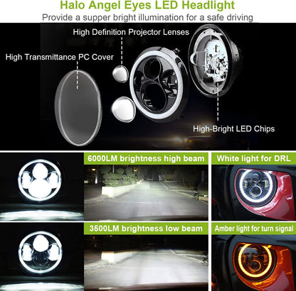 Moclever Round Halo LED Headlight 2pcs 7 Inch Headlights 6000 Lumens Offroad Light Angle Eyes Compatible With Jep Wrangler Tj Jk Cj H4 To H13 Adapter Plug And Play