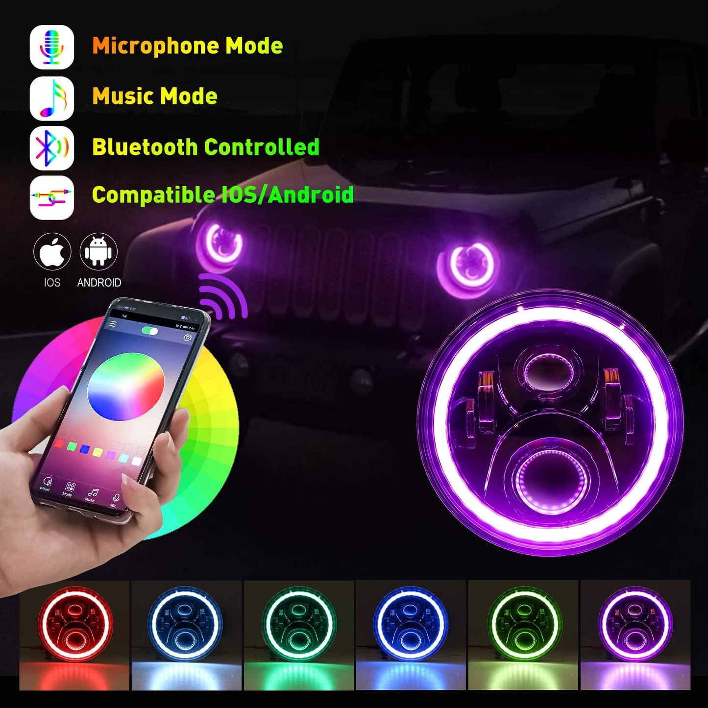 BEEYEO 7 Inch RGB Halo Headlights and Fog Lights Bluetooth Color Control DOT Kits for 1997-2018 Jeep Wrangler JK JKU TJ LJ,w/ Halo Ring DRL and Amber Turn Signal ,Hi/Lo Beam Multi-color