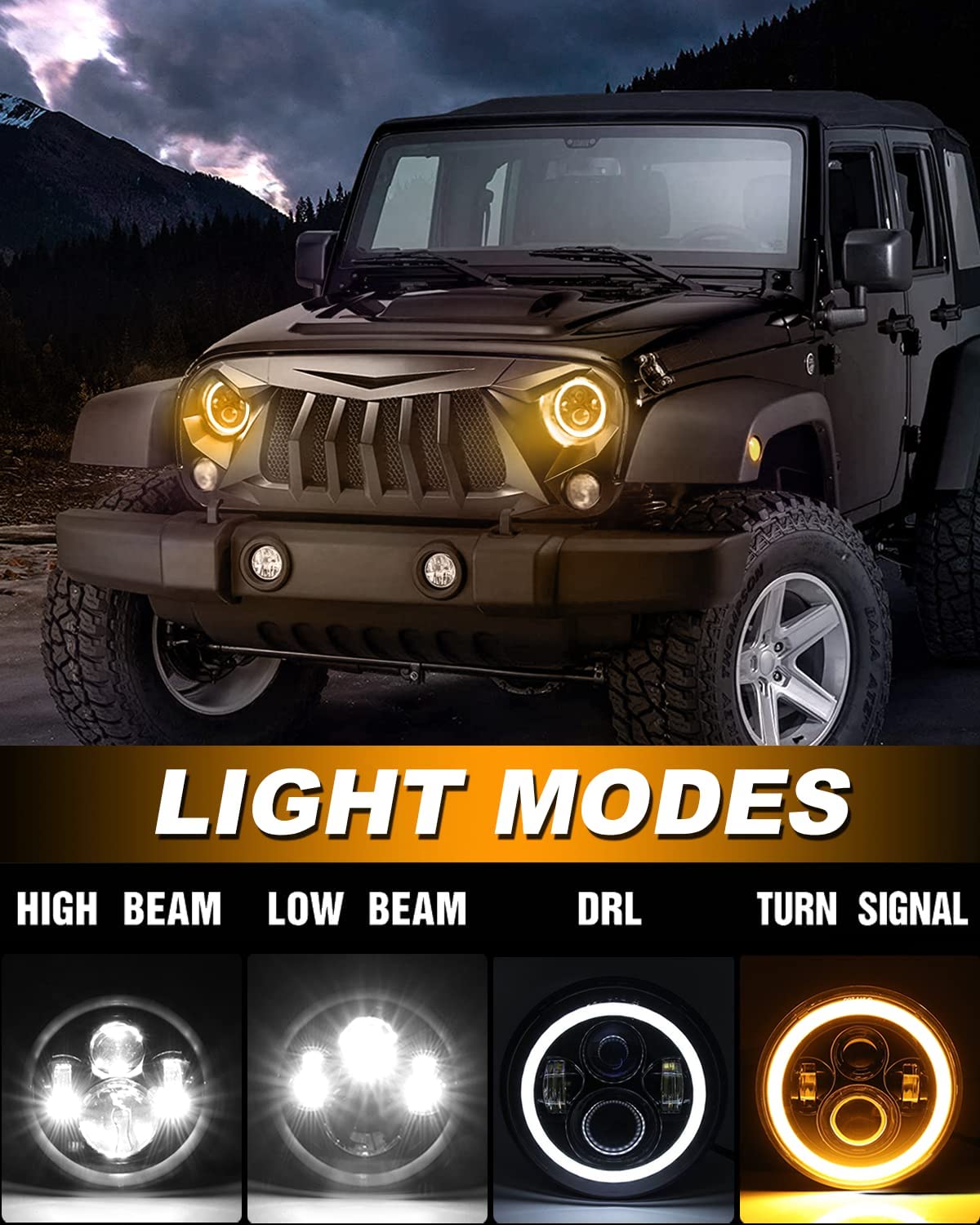 MGLLIGHT 7 Inch Round LED Headlights Halo Angel Eyes DRL Amber Turn Signal Lights H6024 High/Low Sealed Beam LED Headlights Compatible with Jeep Wrangler JK LJ CJ TJ with H4 H13 Adapter, 2PCS