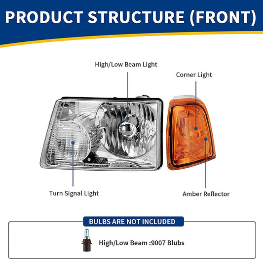 AUTOSAVER88 LED DRL Headlight Assembly Compatible with 2001-2011 Ford Ranger, Pair Headlights w/Daytime Running Light, Chrome Housing, Amber Reflector