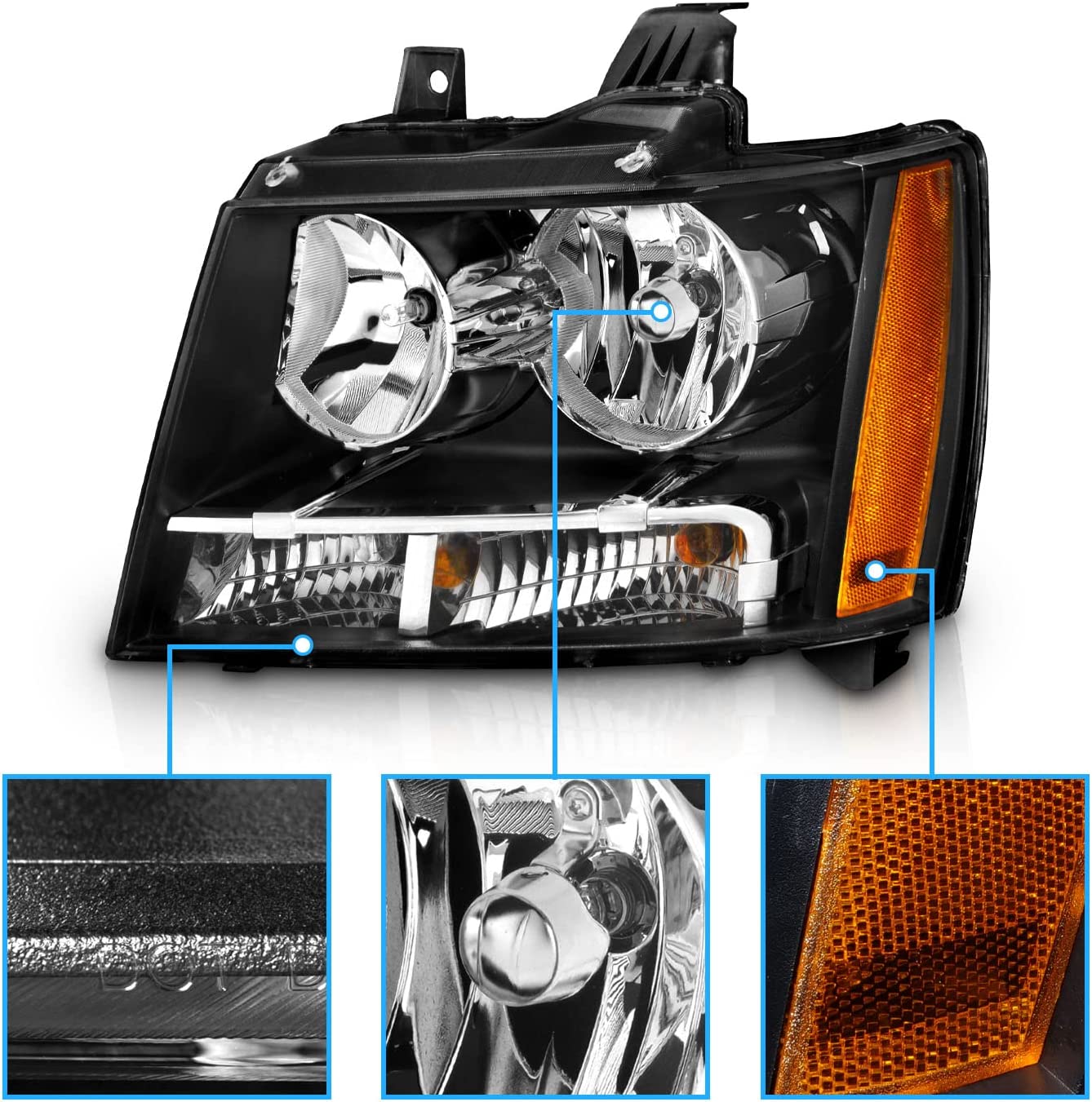 AmeriLite Black Replacement Headlights For Chevy Tahoe / Suburban /  Avalanche (Pair) - Driver and Passenger Side Black Housing