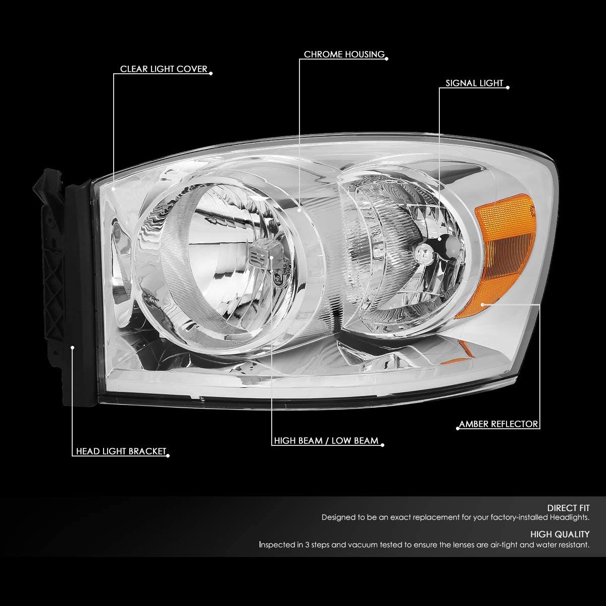 Auto Dynasty Factory Style Headlights Compatible with 06-09 Dodge Ram 1500 2500 3500 - Driver and Passenger Side - Clear Lens with Chrome Housing