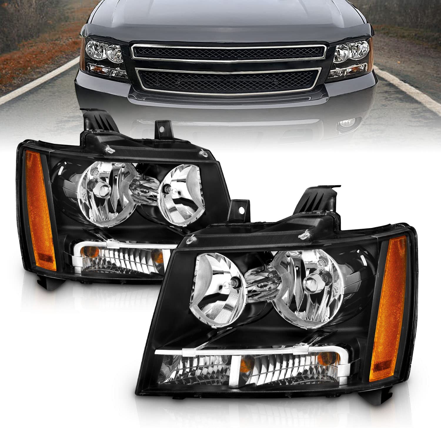 AmeriLite Black Replacement Headlights For Chevy Tahoe / Suburban /  Avalanche (Pair) - Driver and Passenger Side Black Housing