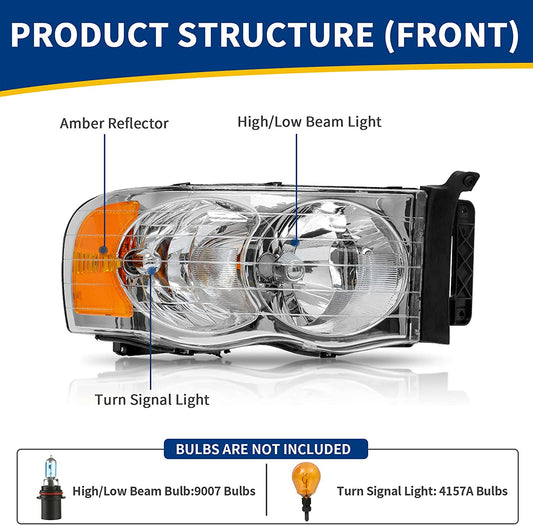 Headlights Assembly for 2002-2005 Dodge Ram Pickup Headlight Replacement Driving Light Chrome Housing Red Reflector Clear Lens