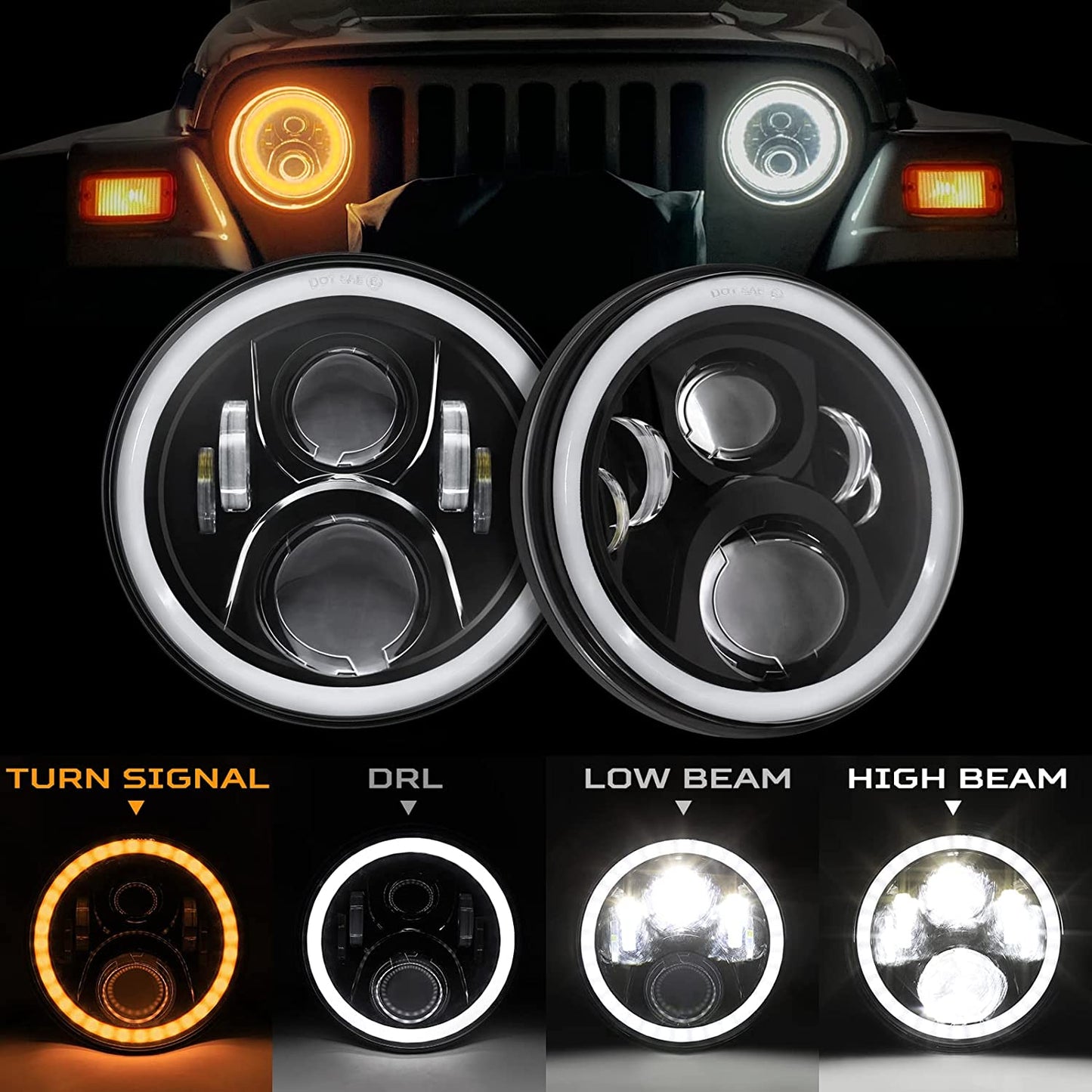 Haitzu 7 inch Led Round Black Hi/lo Sealed Beam headlight DOT Approved Compatible with Jeep Wrangler JK Hummer H1 H2 ,Halo with Amber Turn Light & DRL, H6024 Replacement,included H4-H13 Adaptor 2 Pcs