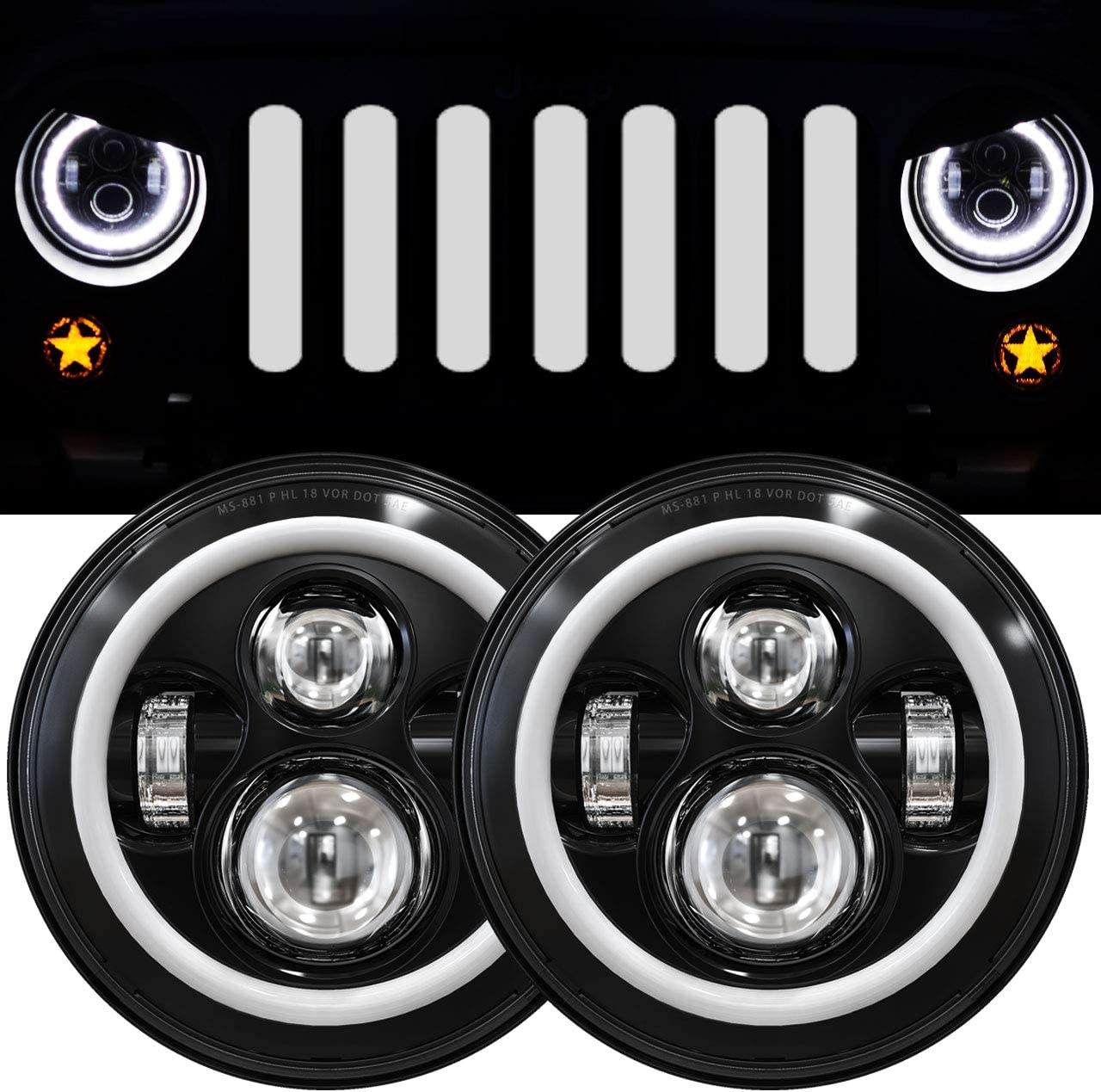 GXENOGO 7 Inch LED Halo Headlights with Turn Signal Amber White DRL Compatible with 2007-2017 Jeep Wrangler JK JKU Headlamp Replacement-1 Pair Black