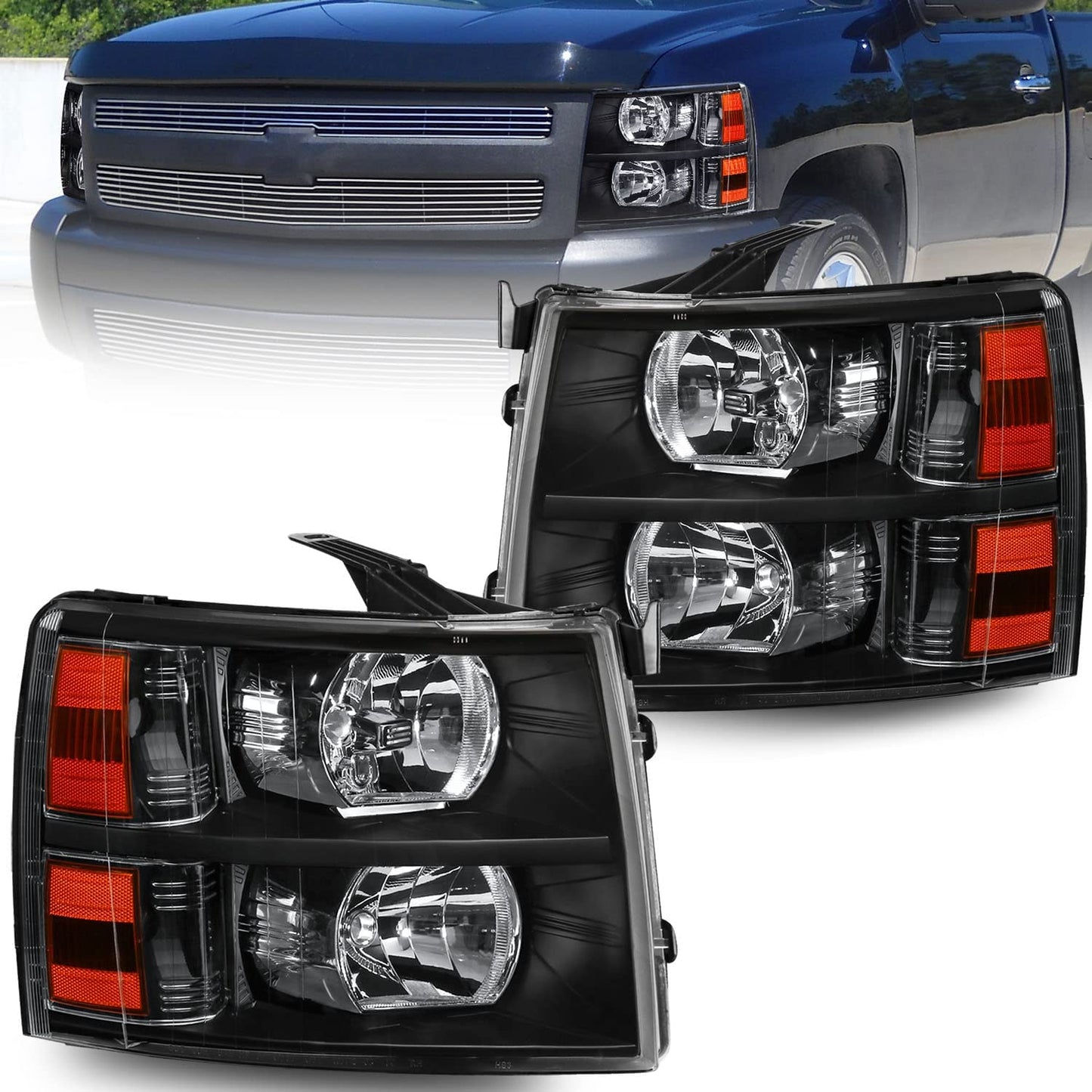 MOSTPLUS Headlight Assembly Compatible with Chevy Chevrolet Silverado 1500 2500 3500 with Black Housing, Clear Lens, Amber Reflector