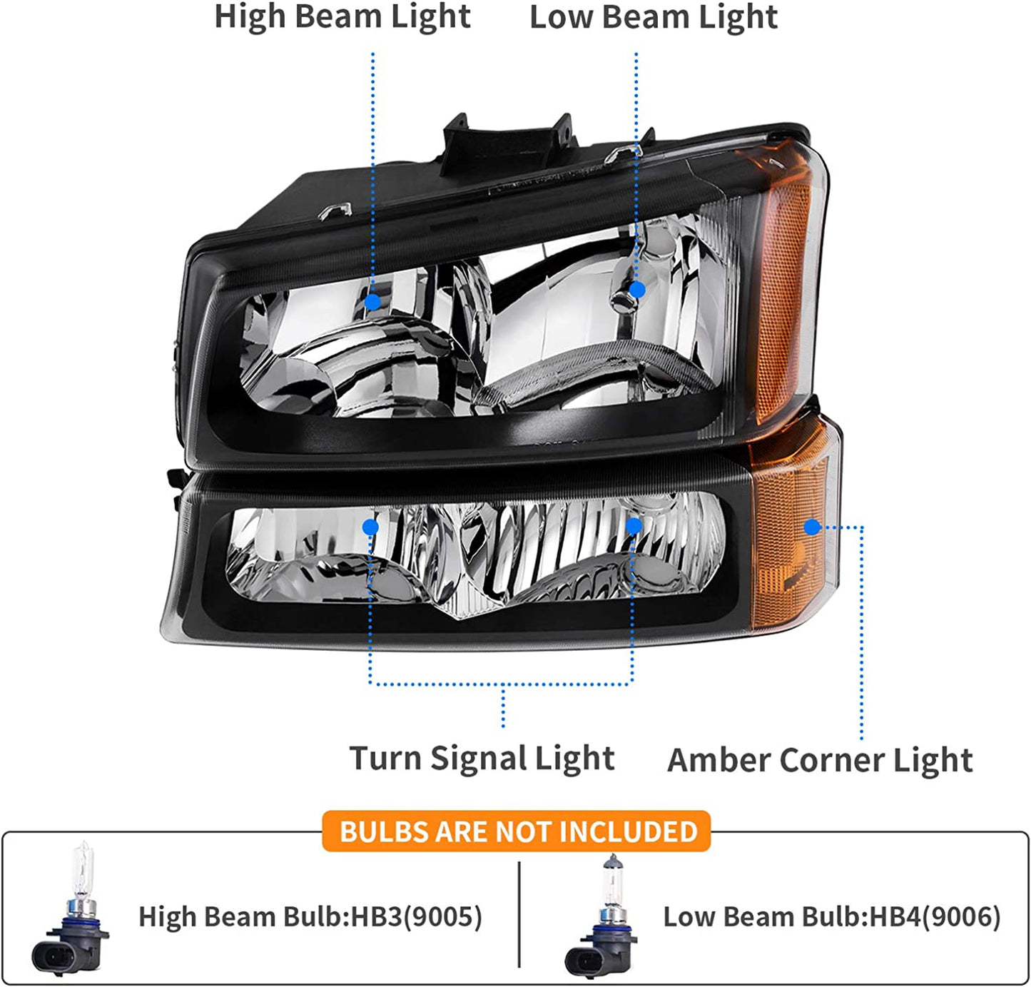 DWVO Headlight Assembly Compatible with Chevy Silverado Avalanche 1500 2500 3500 Black with Clear Housing