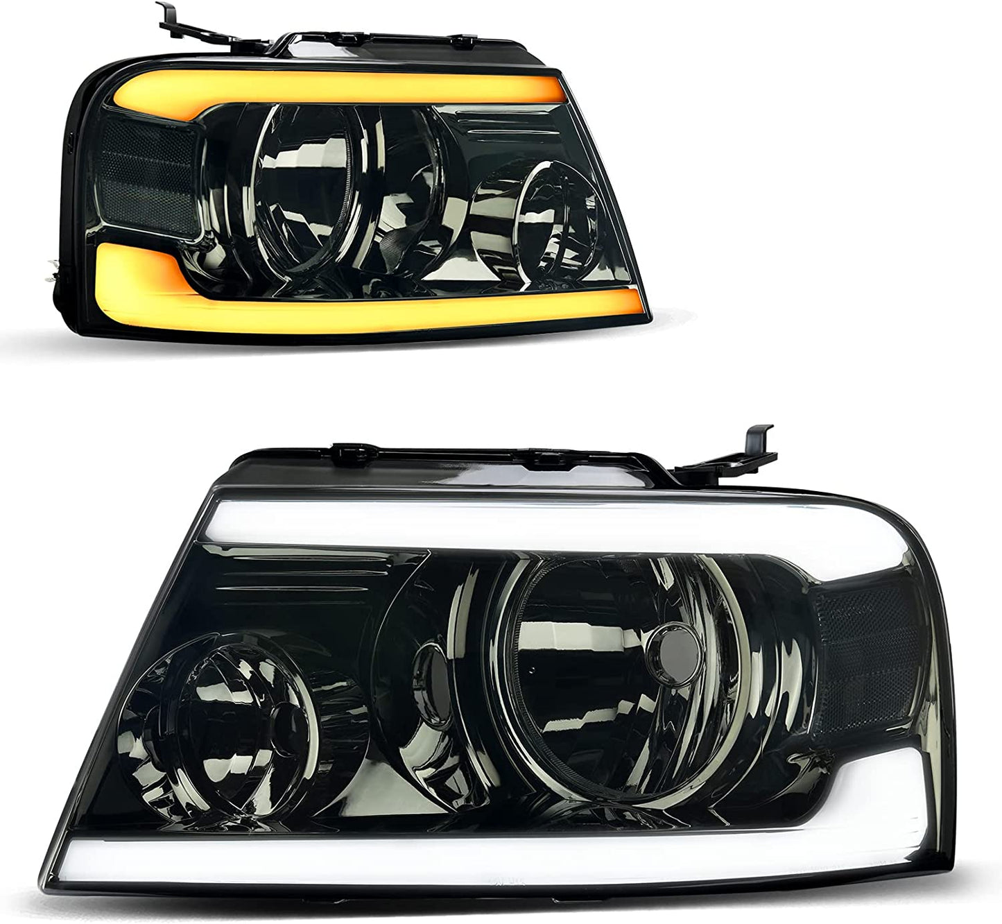 DWVO Headlight Assembly Compatible with 2004 2005 2006 2007 2008 Ford F150 Pickup Driver and Passenger Side Chrome Housing Amber Reflector