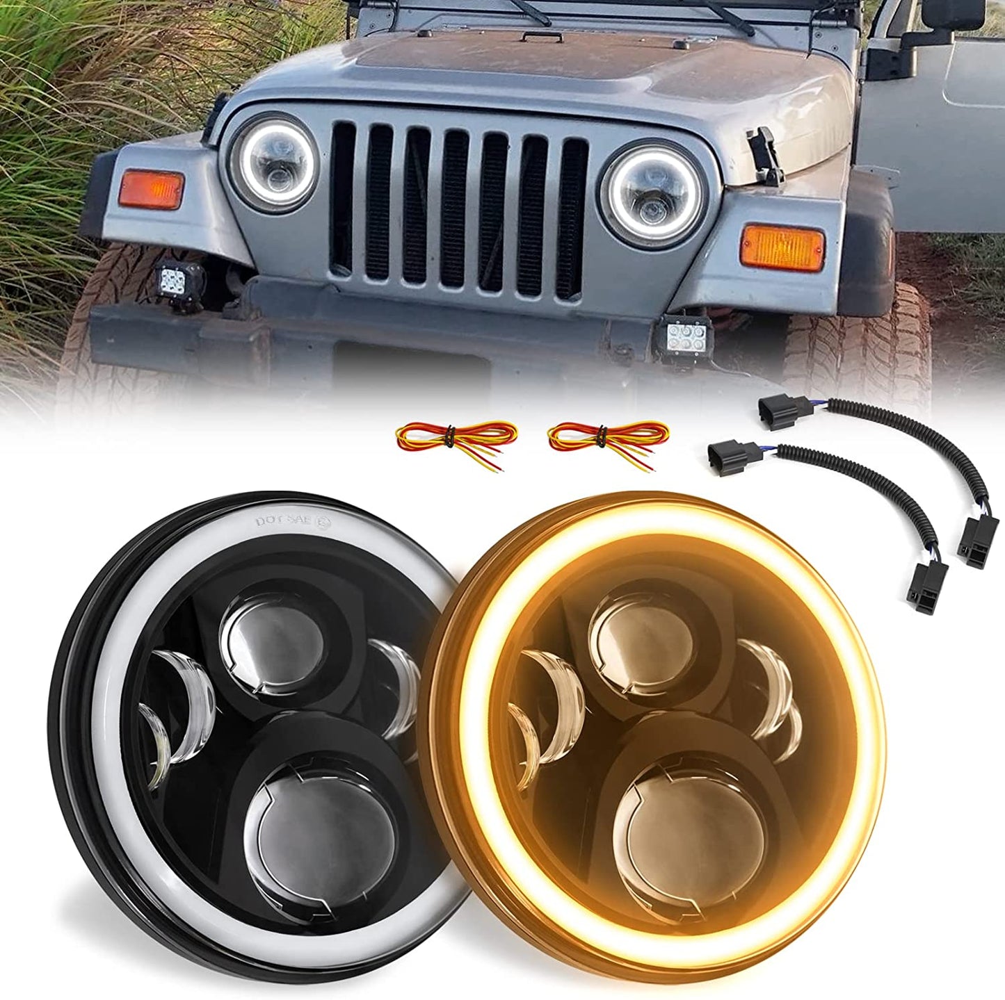 Haitzu 7 inch Led Round Black Hi/lo Sealed Beam headlight DOT Approved Compatible with Jeep Wrangler JK Hummer H1 H2 ,Halo with Amber Turn Light & DRL, H6024 Replacement,included H4-H13 Adaptor 2 Pcs