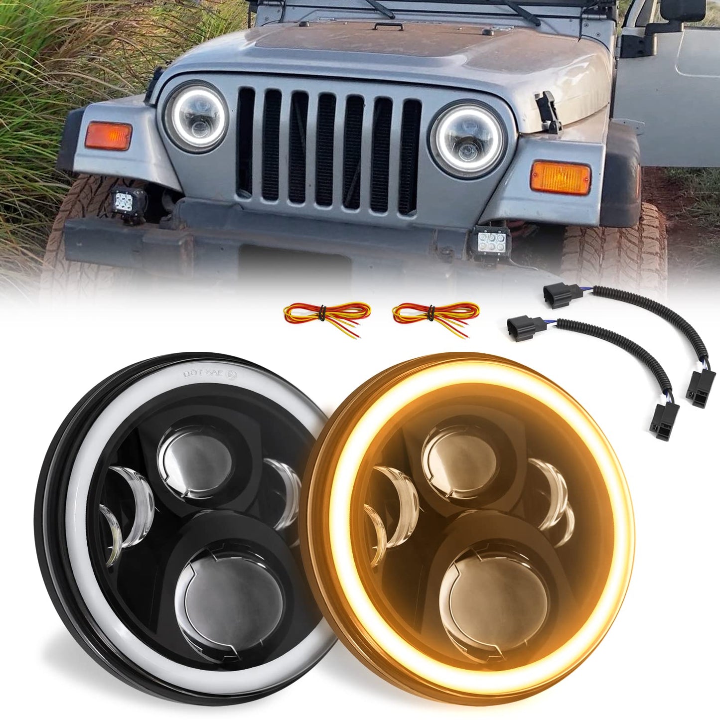 Haitzu 7 inch Led Round Black Hi/lo Sealed Beam headlight DOT Approved Compatible with Jeep Wrangler JK Hummer H1 H2 ,Halo with Amber Turn Light & DRL, H6024 Replacement,included H4-H13 Adaptor 2 Pcs