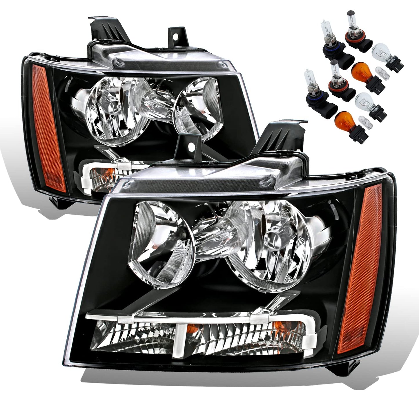 AmeriLite Black Replacement Headlights For Chevy Tahoe / Suburban / Avalanche (Pair) - Driver and Passenger Side Black Housing