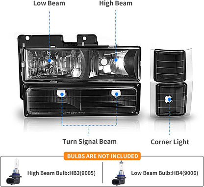Dwvo Headlight Assembly Compatible With 19941999 Chevy Ck Series 1500 2500 3500tahoesuburbansilverado Wcorner And Bumper Lights Black Housing