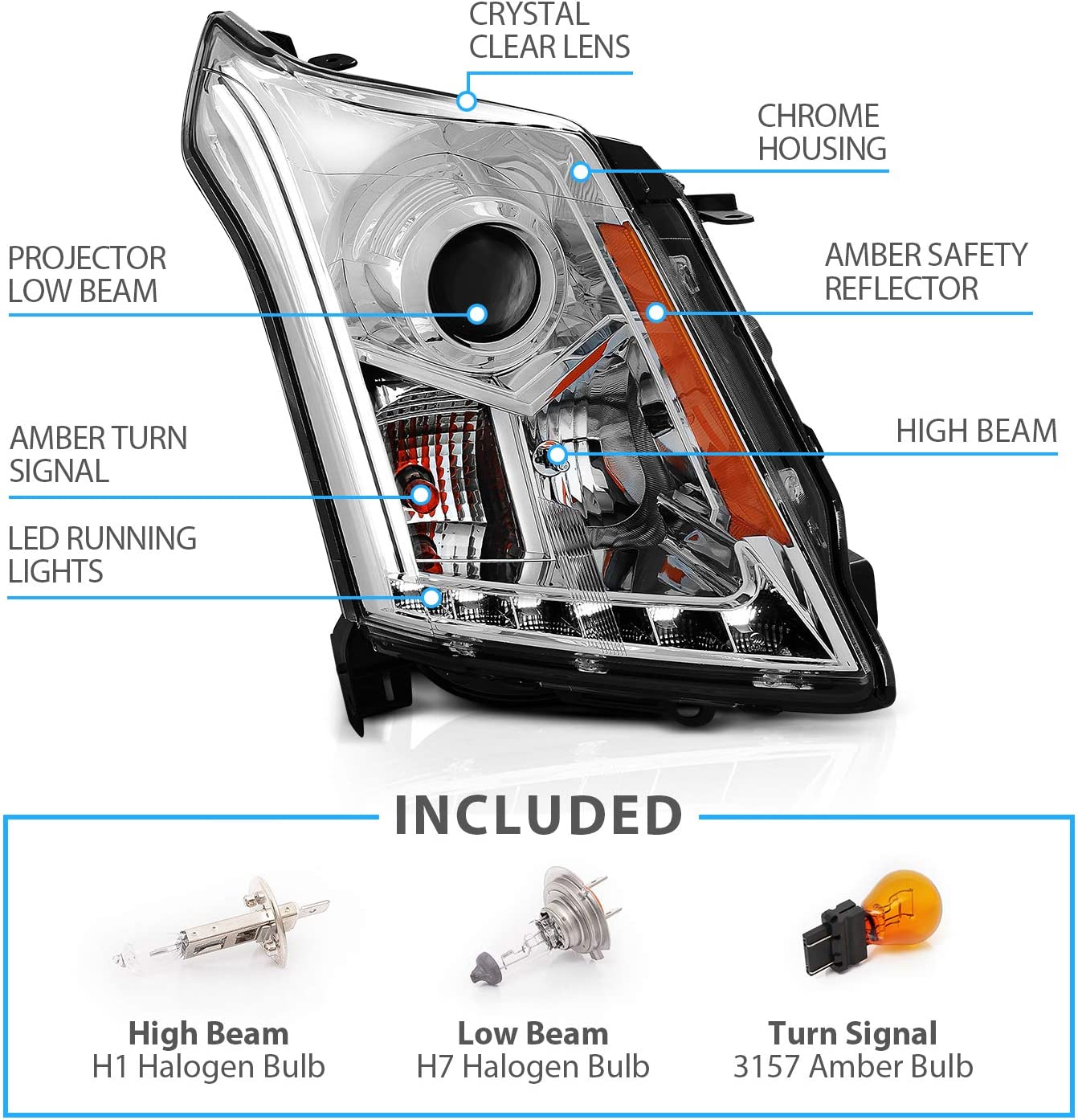 AmeriLite Chrome Projector Replacement Headlights & LED Boards for 2010-2016 Cadillac SRX, Version Only - Passenger and Driver Side