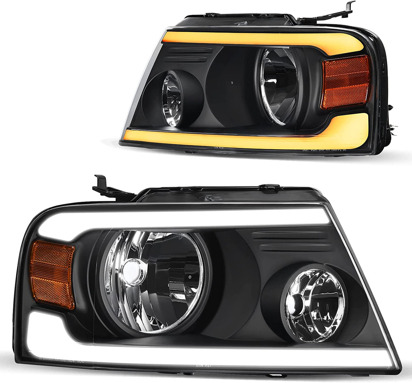 DWVO Headlight Assembly Compatible with 2004 2005 2006 2007 2008 Ford F150 Pickup Driver and Passenger Side Chrome Housing Amber Reflector